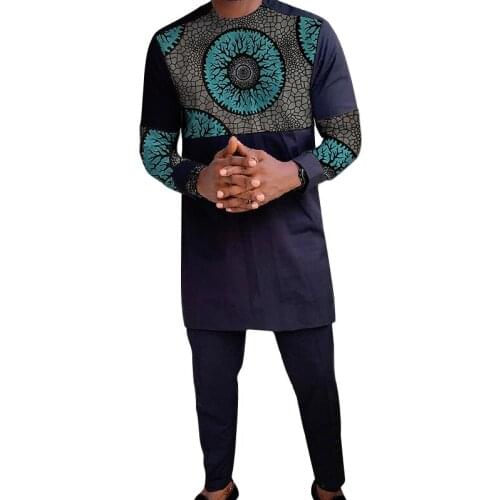 African Fashion Mens Suits Patchwork Shirts+Solid Black Pants Set Clothes Male Outfits Custom Nigerian Festival Garments