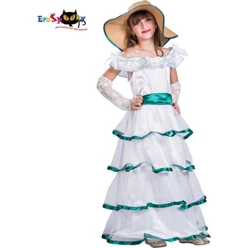 Eraspooky White Medieval Southern Belle Costume Dress Girls Carnival Princess Cosplay Lace Layer Long Dresses For Prom Party Hat