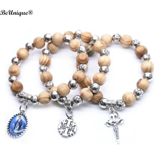 2020 New Pine bead Cross bracelet Jesus Virgin Mary beaded Bangle jewelry Elegant Christian Religious Gifts Beads bracelet