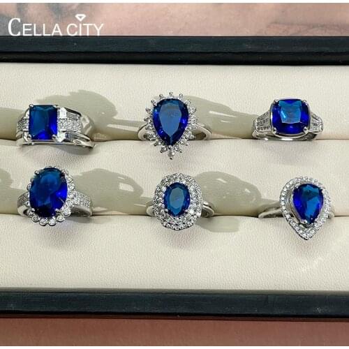 Cellacity Classic 925 sterling silver ring for women with blue sapphire gemstones open adjust size silver fine jewelry gift