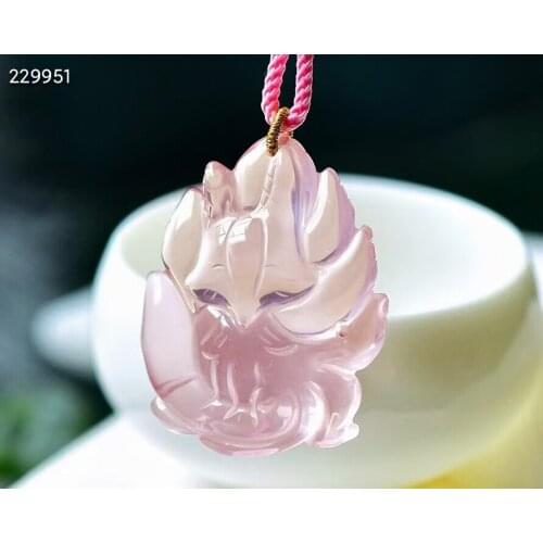 Natural Pink Rose Quartz Star Light 9 Tails Fox Pendant 43.4*34*11.7mm Necklace Women Men Heart Love Jewelry AAAAA