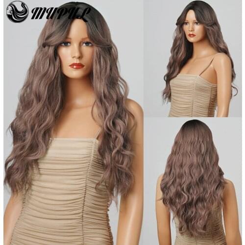Long Wave Brown Ombre Daily Nutural Synthetic Wigs With Bangs For White Women Party Hair Heat Resistant Cosplay Wavy Fiber Wig