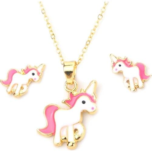 Hot Sale Pink Animal Jewelry Set Chain Kids Jewelry Cartoon Horse Unicorn Necklace Earring Unicorn Sets For Girls Best Gifts