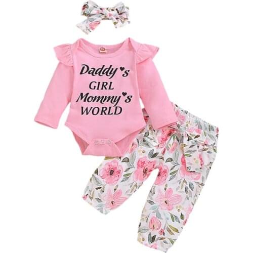 3PCS Autumn Winter Kids Newborn Baby Girl Clothes Set Ruffles Long Sleeve Letter T-shirt Tops+Pants+Headband Outfits