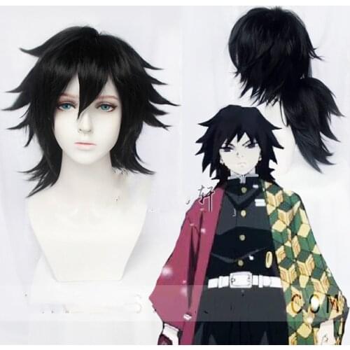 Anime Demon Slayer Tomioka Giyuu Cosplay Wig Kimetsu no Yaiba Black Fluffy Ponytail Synthetic Hair Halloween Role Play Adult