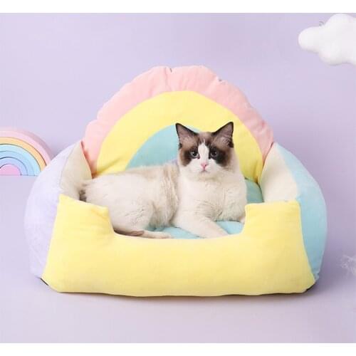 Cat Beds House Soft Warm Pet Kitten Kennel For Small Dog Rainbow Pet Products Cushion Cats Bed Cat Mat Animals Sleeping Sofa