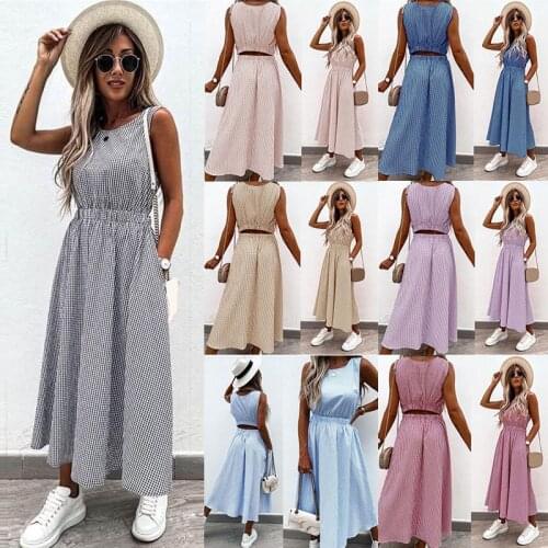 Summer Plaid 7-color Dress Tanks Maxi Dress High Waist Elastic Waist Plus Size Dresses Hollow Back Design Hedging A-line Dress