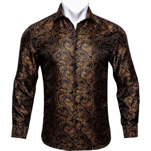 High Quality Luxury Gold Silk Mens Shirts Paisley Casual Men Long Sleeve Blouse Spring Autumn Clothing Dress Shirt Barry.Wang