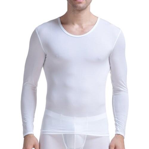 Mens Undershirts Long Sleeve Ice Silk Sheer T Shirts Transparent Ultra-thin Tee Shirts Fitness Tops Male Sleepwear Ondershirts