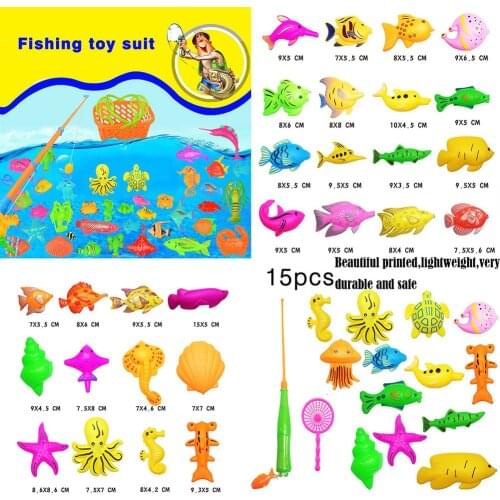 15/27Pcs Set Plastic Magnetic Fishing Toys Baby Bath Toy Fishing Game Kids 1 Poles 1 Nets 13 Magnet Fish Indoor Outdoor Fun Baby