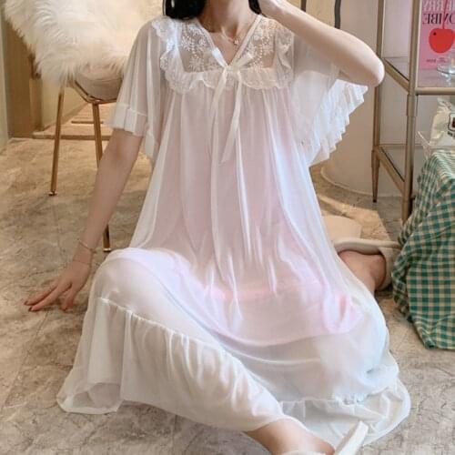 Princess Sleepwear Women Lounge Nighty White Pink Vintage Nightgowns Kawaii Nightwear Girl Mesh Lace Peignoir Lolita Night Dress