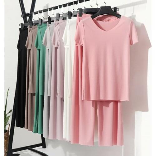 Obrix Female Casual Style Comfy Loose Light Set V-Neck Short Sleeve T-Shirt Elastic Waist Drawstring Wide Leg Pants Outfit