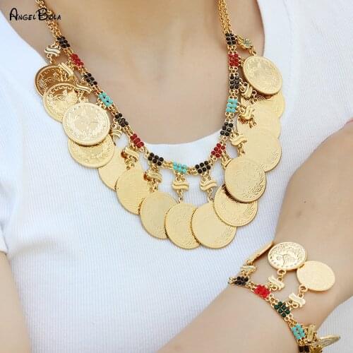 Muslim Crystal Charm Necklace Islamic Oman Coin Pendant Bracelet Wedding Luxury Gold Jewelry Set Accessories Gift for Women