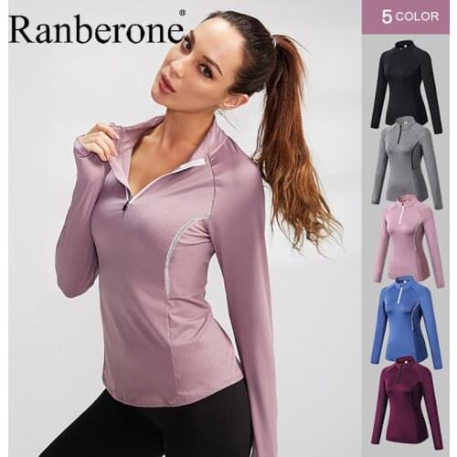 Ranberone Sexy Women Yoga Top Sport Zipper Long Sleeve Yoga Shirt With Thumb Holes Solid Quick Dry Breathable Gym Fitness Shirt