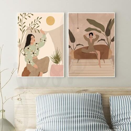 Nordic Girl Sitting on Sofa Canvas Painting Boho Leaves Art Posters Scandinavian Pictures for Living Room Home Decor Cuadros