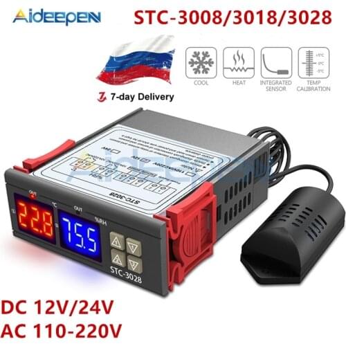 STC-3008 3018 3028 Dual Digital Temperature Controller Hygrometer C/F Thermostat Two Relay Output AC 110V 220V DC 12V 24V 10A