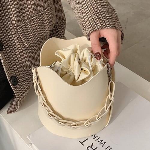 Pleated Tote Bucket Bag Womens Handbag 2021 High Quality PU Leather Drawstring Shoulder Crossbody Bag Mini Top Handle Bags
