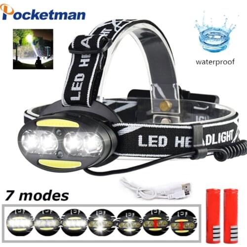 80000 LM LED headlamp 4* T6 +2*COB+2*Red Headlamp Waterproof Flashlight Rechargeable Torch Lantern with battery