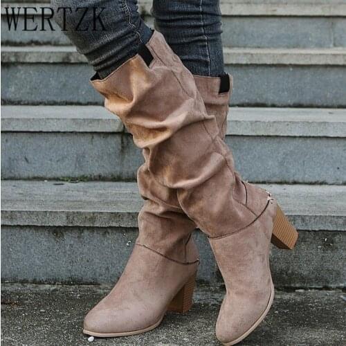2021 Autumn Winter Women Boots Fashion Pleated Design Faux Suede Knee-High Comfortable Loose High Heels Female Boots Shoes