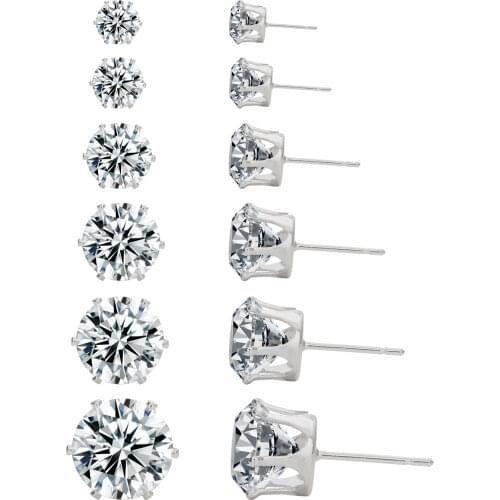 Womens CZ Stud Earrings The copper plating platinum Round zircon earring set (6 pairs) Gifts for friends and wife