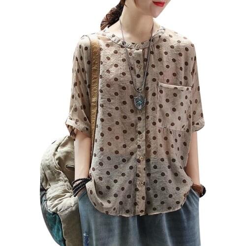 Womens Spring Autumn Style Blouses Shirt Womens Polka Dot O-Neck Pockets Half Sleeve Loose Casual Tops DD9011