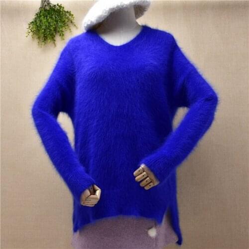 Brandy melville ladies women fashion mink cashmere knitted long sleeves v-neck split loose pullover angora fur jumper sweater