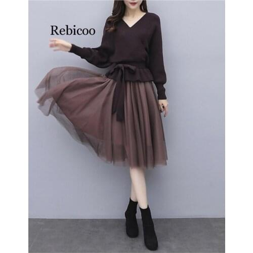 Womens sets fashion 2 piece new foreign v-neck lace style knit sweater Mesh princess skirt suit slim high quality 3xl 4xl youth