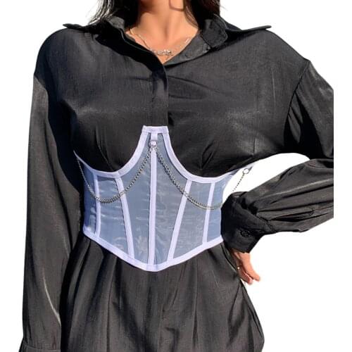 Womens Waist Corset 2021 Sexy Mesh Perspective Chain Stitching Back Cross Straps Irregular Body Shaping Waist Seal Wholesale