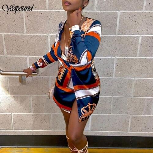 Women Long Sleeve Dresses Satin Sexy V Neck Dress Office Lady Bandage Waist Knot Dress Printing Split Dresses