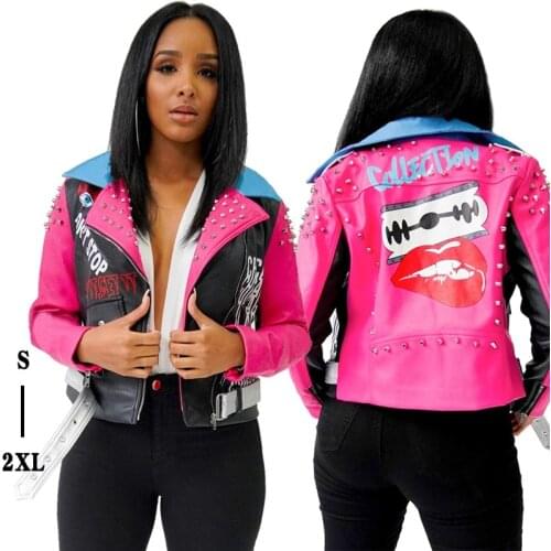 2020 Spring Autuman Womens Rivet Printing Lapel Contrast Color Zipper PU Leather Fashionable Coat Long-sleeve Short Jacket Y157