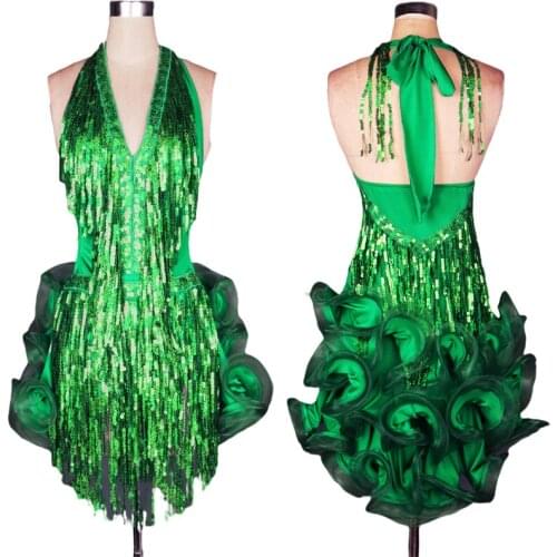New Sequins Fringe Latin Dance Dress Women Sumba Rumba Dancing Wear Adult Modern Professional Stage Competition Dance Dress
