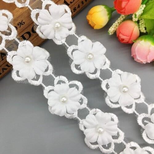 1 Yd White Flower Organza Pearl Applique Lace Trim Fabric Ribbon Embroidered Vintage Dantel Sewing Baby Wedding Dress Craft