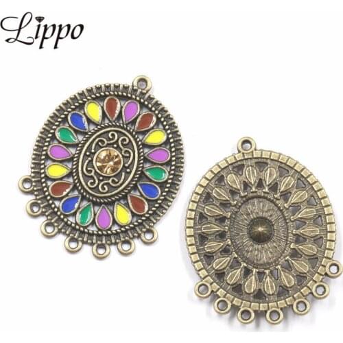 12pcs Antique Bronze Round Pendant Earrings Connectors With Enamel And Rhinestone Earring Connector