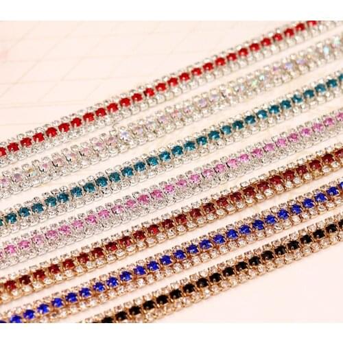 2 Yard 3Rows SS12 3mm Multicolor Crystals Rhinestones Chain Ribbon Trim For Wedding Cake Banding Sewing DIY