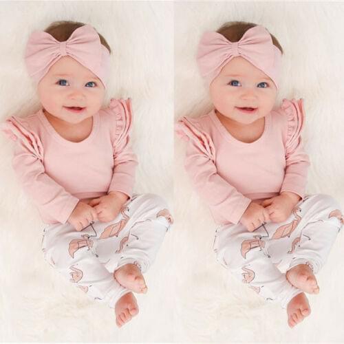 PUDCOCO 3PCS Set Newborn Baby Kids Girl Clothes Long Sleeve Romper Shirt Tops+Flamingo Pants Headband Outfits 0-18M