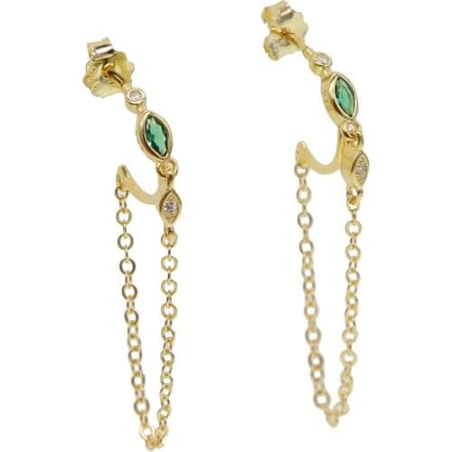 925 Sterling SILVER green white eye shape CZ dangle earring with long chain tassel charm wedding earring jewelry gift