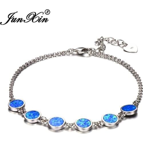JUNXIN White Gold Filled Round Blue Fire Opal Bracelets For Women Adjustable Chains Bangles Female Luxury Wedding Jewelry Gift