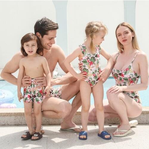 Floral Vest Woman Girl Children Summer 2021 Swimsuit One Piece Family Matching Swimwear Swimming Baby Boy Beach Shorts Trunks