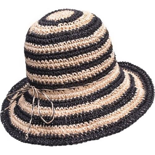 Two tone stripes Womens Paper Crocheted Sun Bucket Style Crusher cloche sun Hat A415