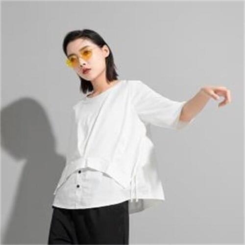 Ladies summer black personality splice fake two fashion joker casual large short-sleeved T-shirts