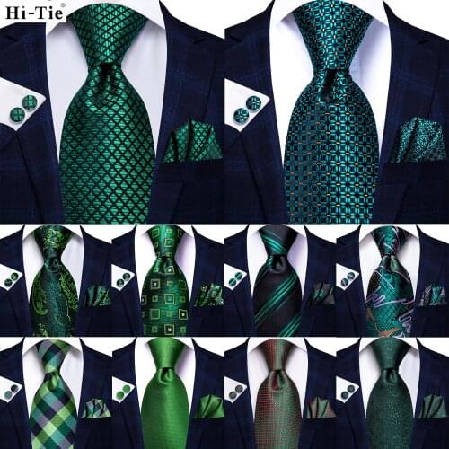 Hi-Tie Green Teal Tie Solid Paisley Mens Silk Wedding Necktie Pocket Square Set Party Business Fashion Designer Dropshipping