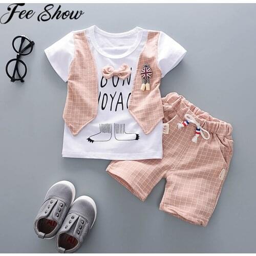 Summer Infant Clothing Suit Baby Boys Clothes Formal Gentleman Party Newborn Baby Boy Sets T-shirt+Plaid Pants Outfits 0-2Years