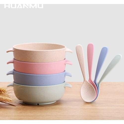 Wheat Straw Bowl+Spoon Set Children Baby Training Kid Rice Bowl Eco-Friendly Soup Dessert Salad Bowls Plate Home Dinnerware