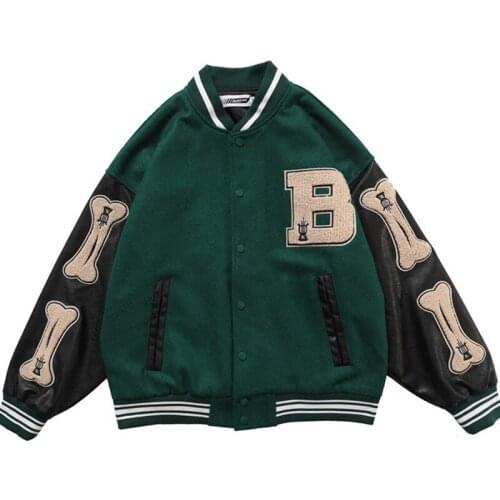 Men Skeleton Embroidery Varsity Jacket Male Street Hip Hop PU Leather Stitching Contrast Baseball Uniform Creative Bomber Jacket