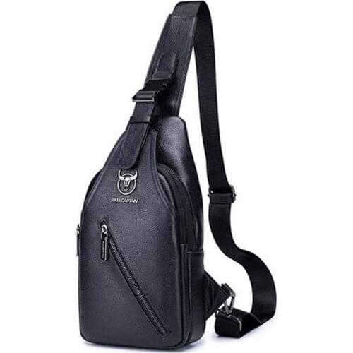 Men Cowhide Chest Bags hardware zipper Leather Shoulder Messenger Bag Casual Cross Body Sling Rucksack Back Day Pack