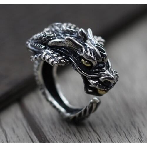 S925 Sterling Silver Vintage Faucet mens Thai Silver Personality Domineering Open Ring