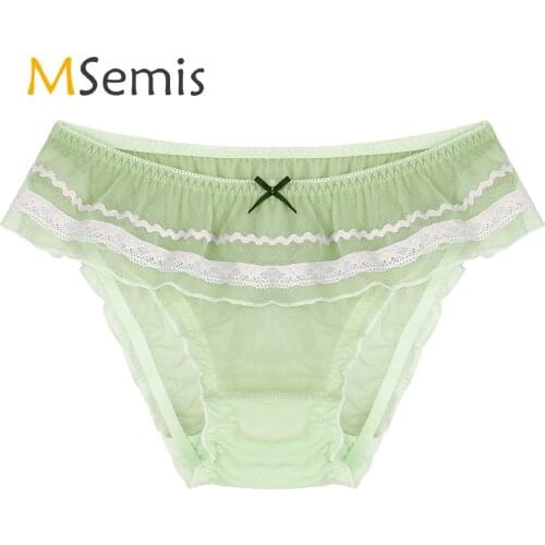 Men Lingerie Sissy Crossdress Underwear See-through Mesh Elastic Waistband Ruffle Trim Cute Panties Pure Color Cosplay Briefs