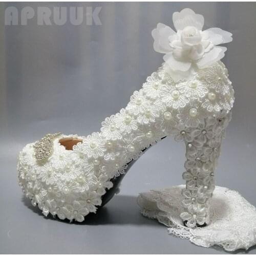 New arrival lace pearls womens wedding/party shoes bride handmade plus size luxury crystal 11cm super high heels bridal pumps