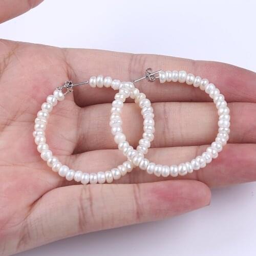 New 4mm white button freshwater pearl beaded circle hoop earrings