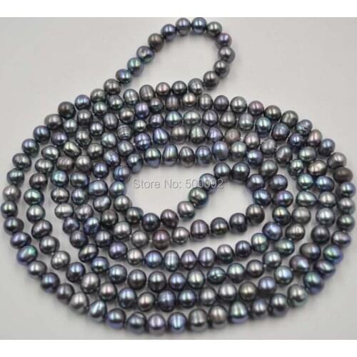 Free shipping 60" length 7-8mm black freshwater pearl necklace